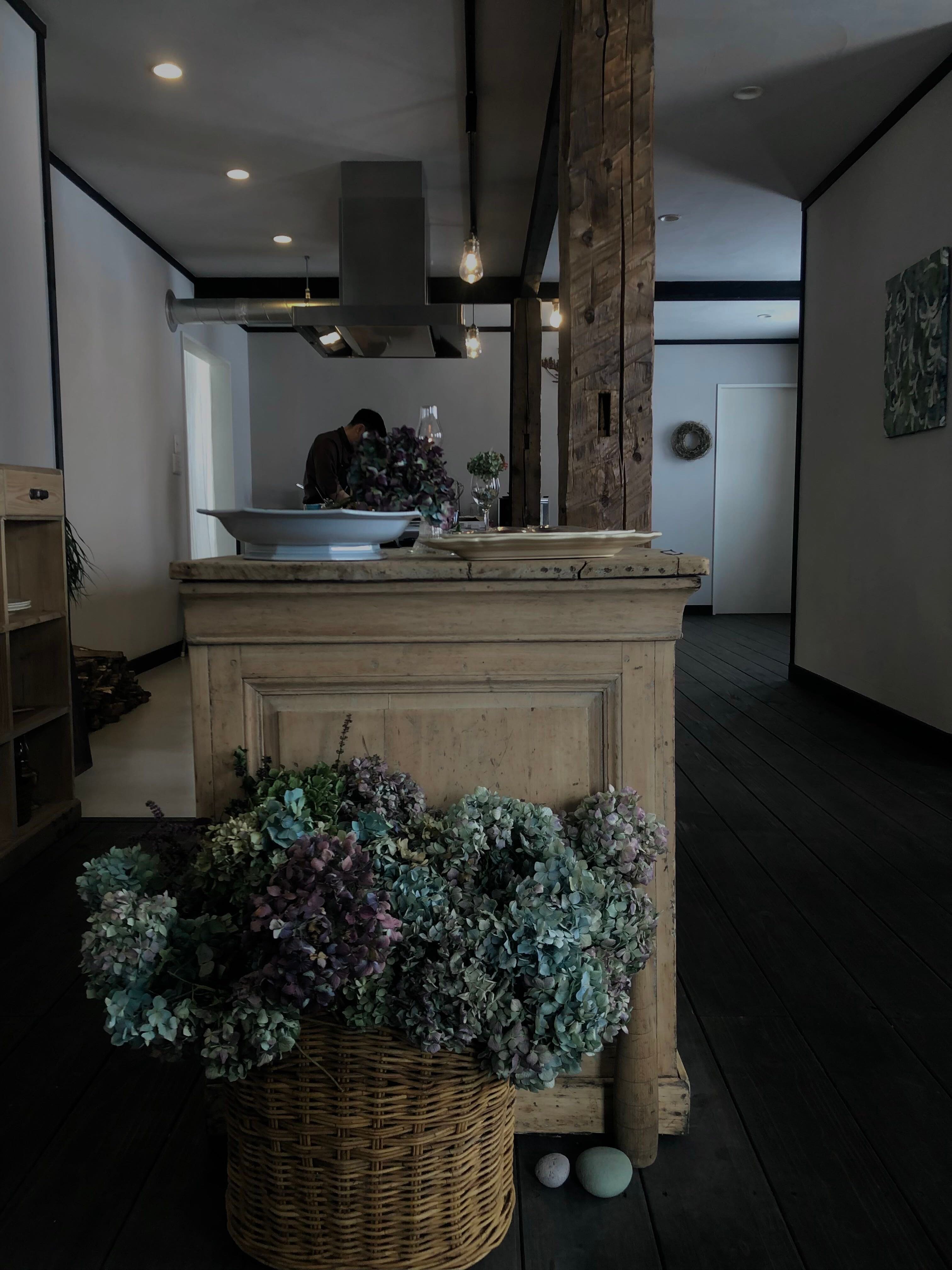 The counter by the kitchen, dried hydrangeas