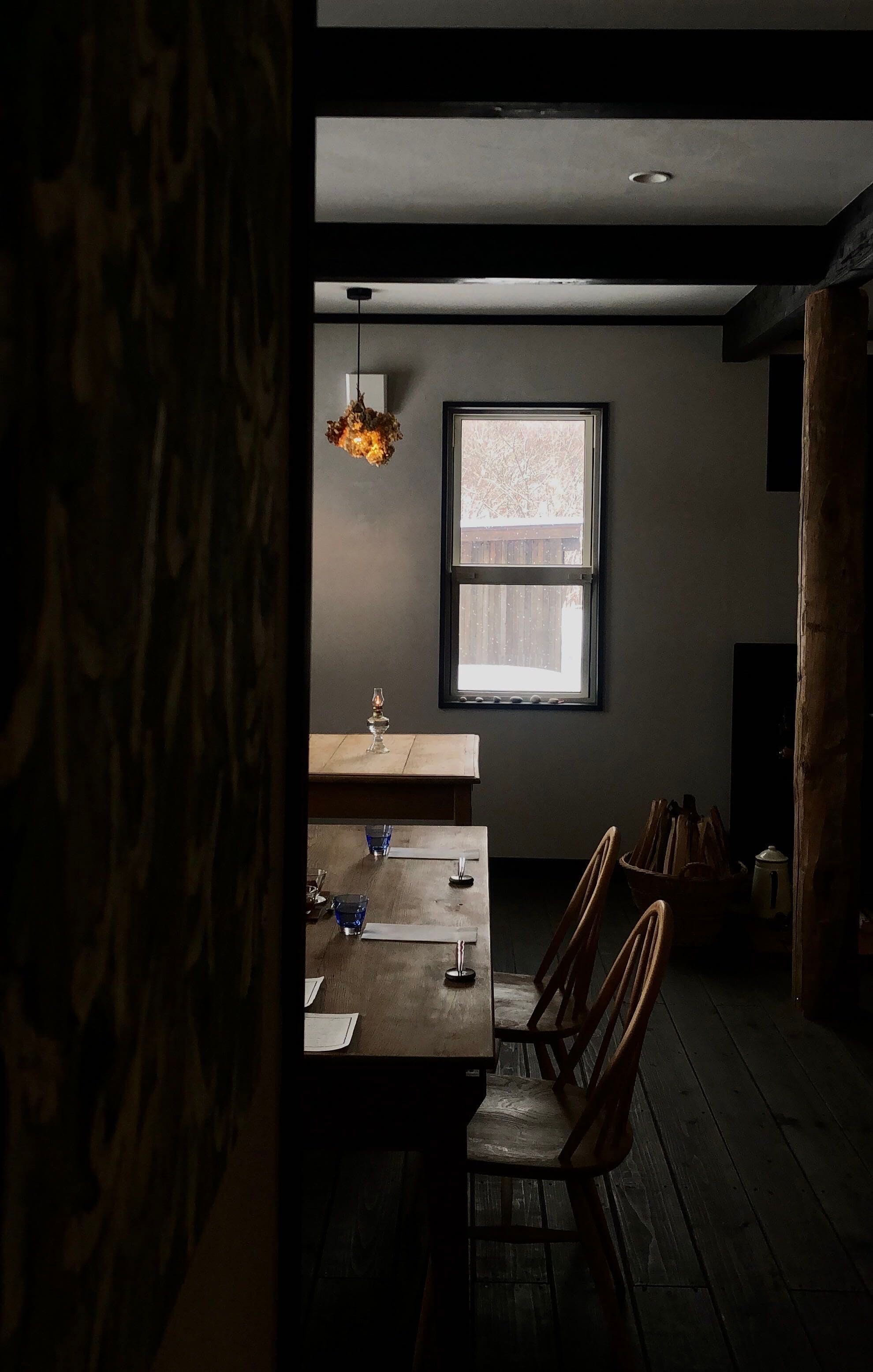 The dining room, snow outside the window
